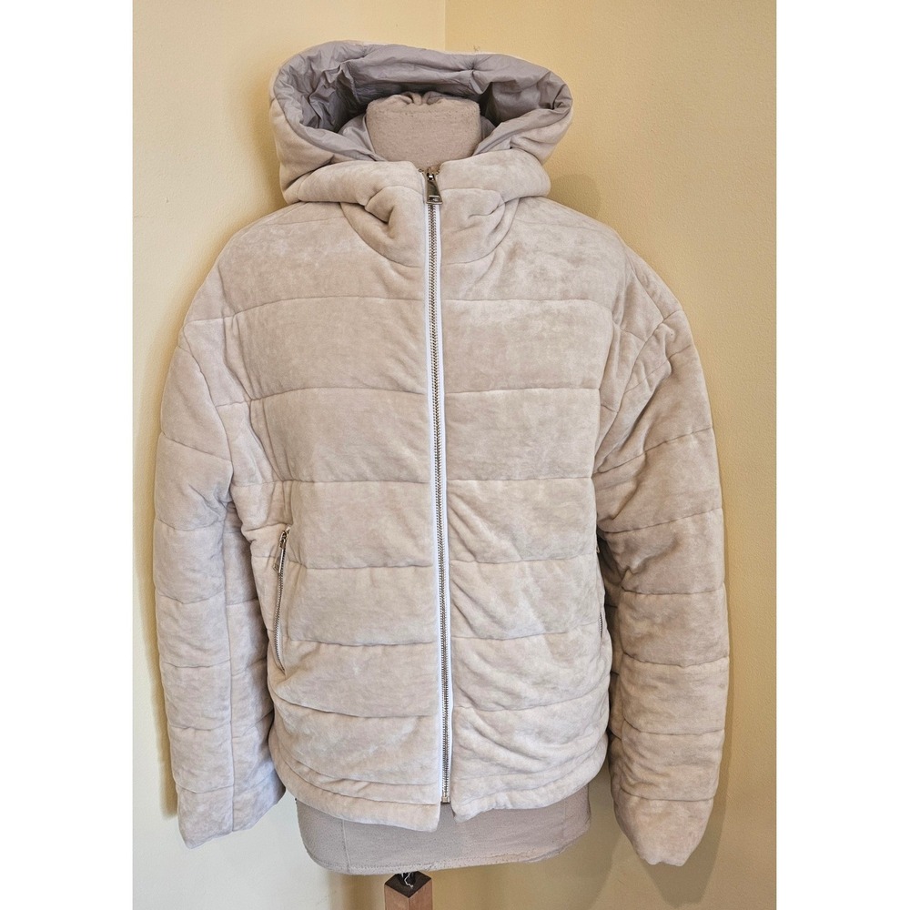 Tensione In Velour Puffer Hooded Jacket‎ Cream Beige Quilted Zip Size M